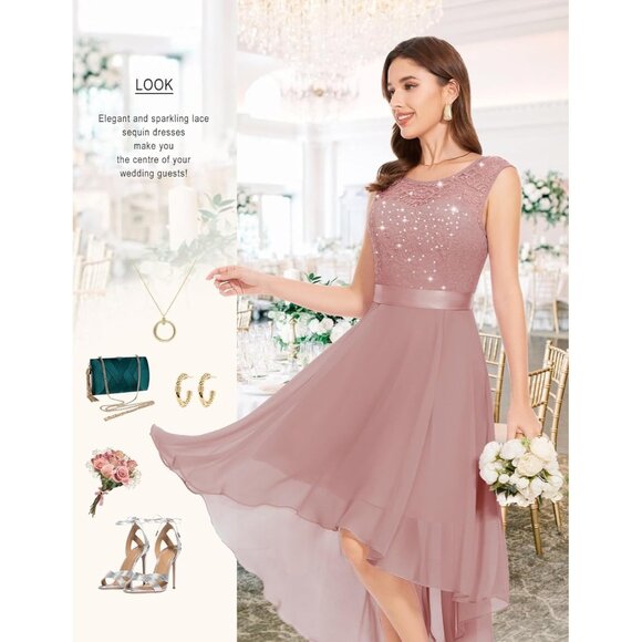 BeryLove Women Blush Sequin Chiffon Scoop Neck Sleeveless Lace Cocktail Dresses - Picture 3 of 6